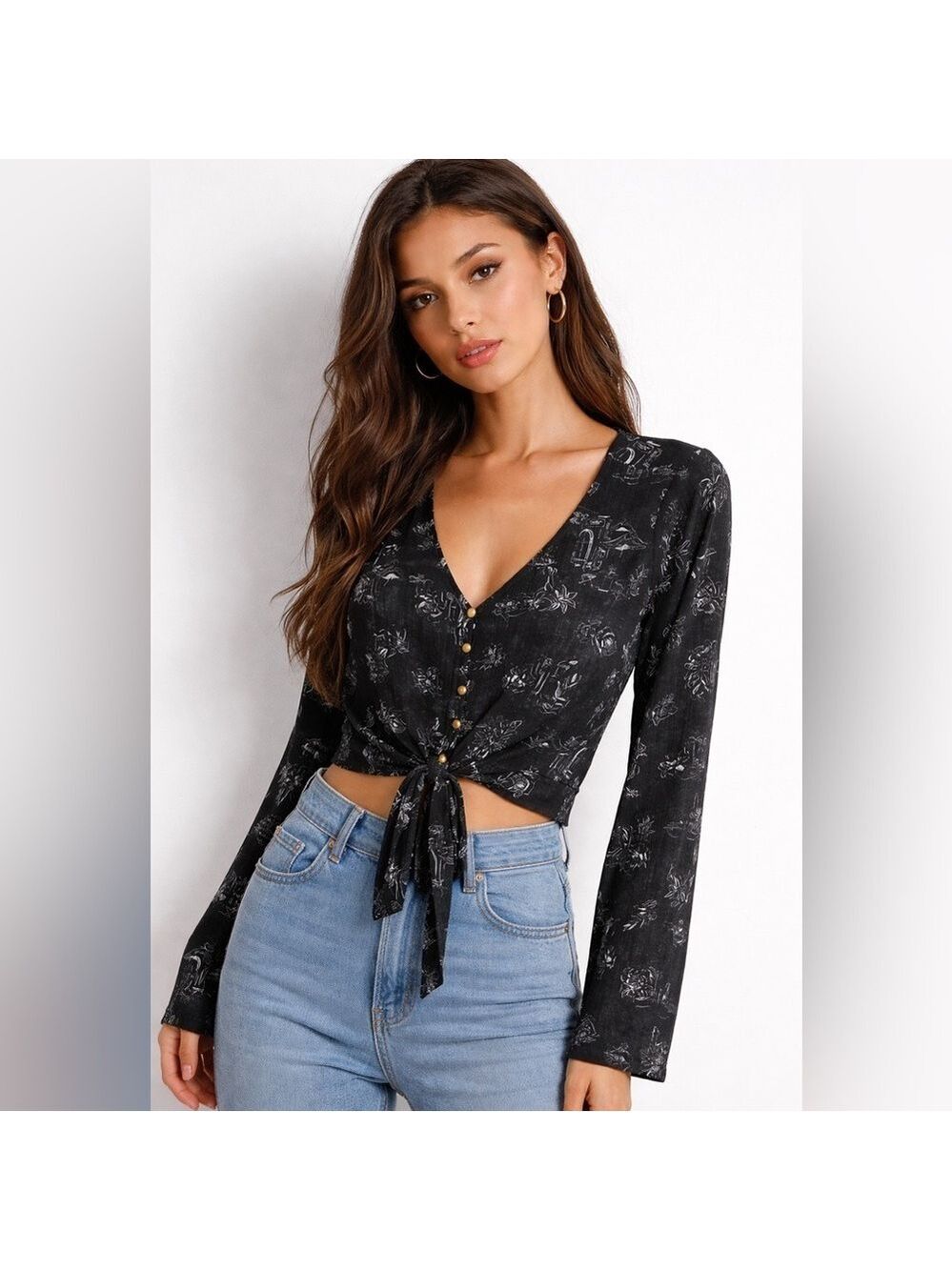 Torrid Black Button Up Semi Cropped Blouse Tie Front 2X